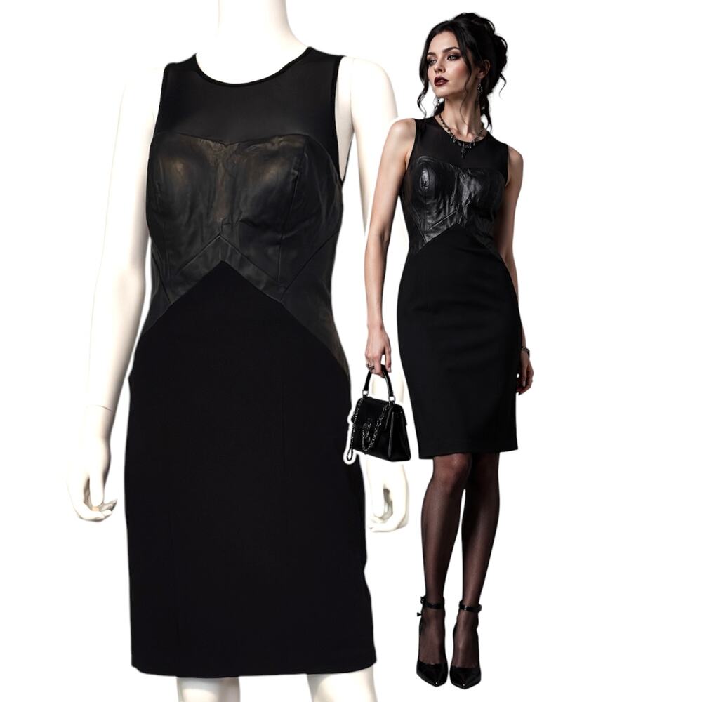 Aidan Mattox Corset Mini Dress Sz 4 Black Faux Leather Mesh Bodycon Goth Rocker